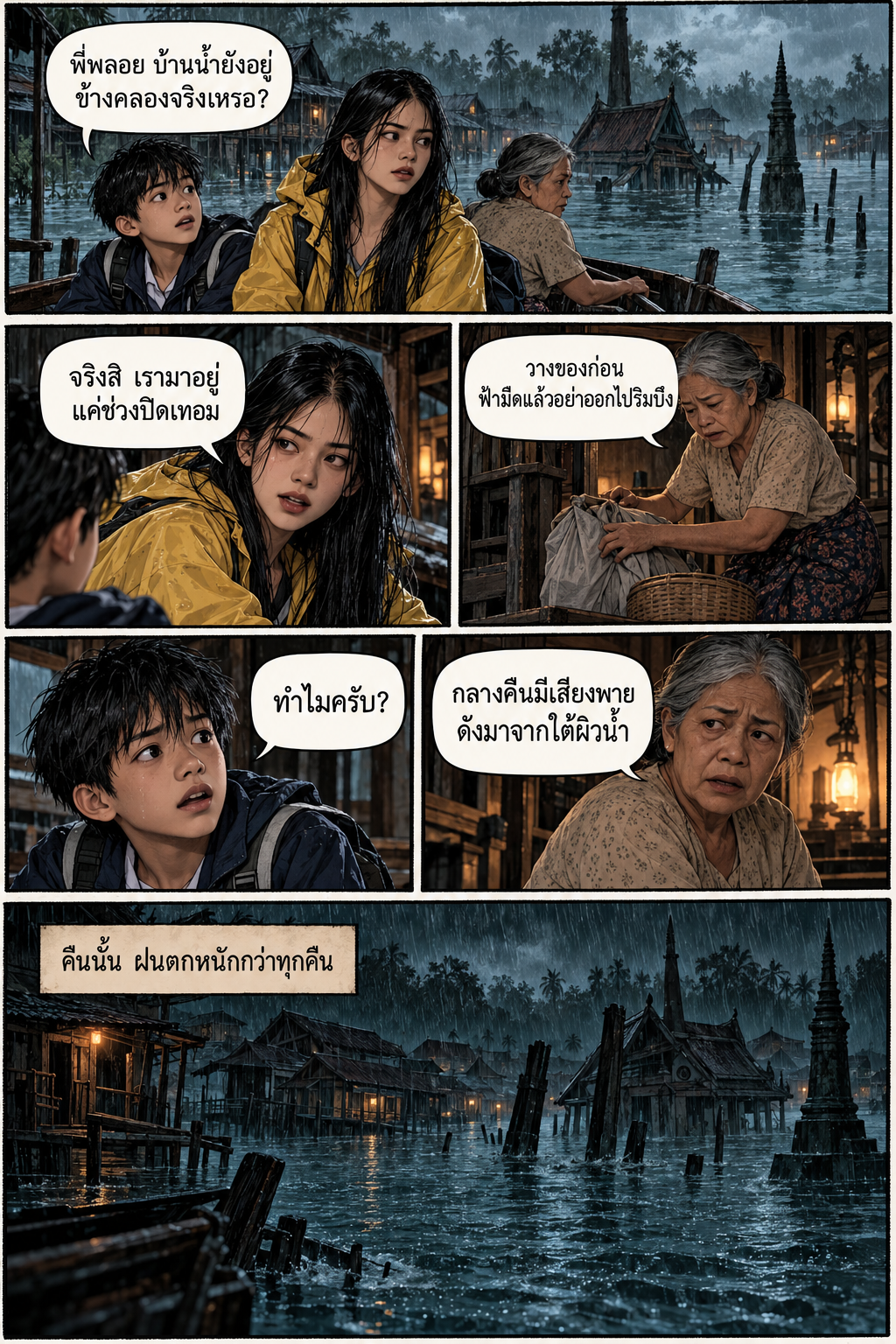 การ์ตูนผีพายใต้ท้องน้ำ หน้า 1: พลอยกับนนท์ได้ยินเสียงพายจากอ่างเก็บน้ำ