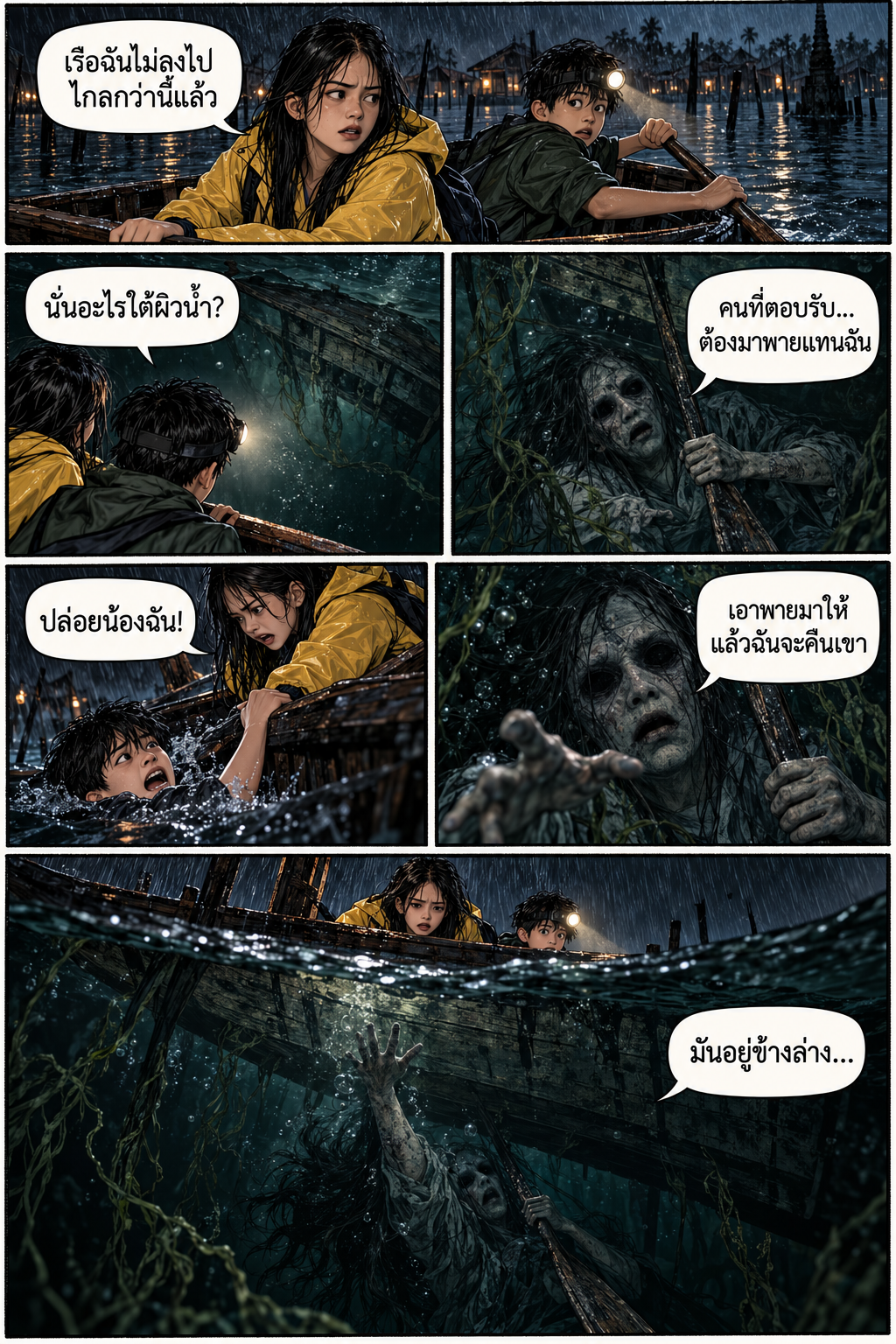 การ์ตูนผีพายใต้ท้องน้ำ หน้า 4: ชายชราลึกลับไร้เงาปรากฏริมอ่าง