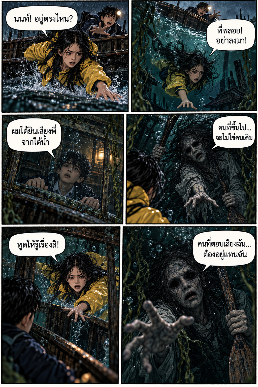 การ์ตูนผีพายใต้ท้องน้ำ หน้า 6: พลอยลงเรือเพื่อช่วยน้องชาย