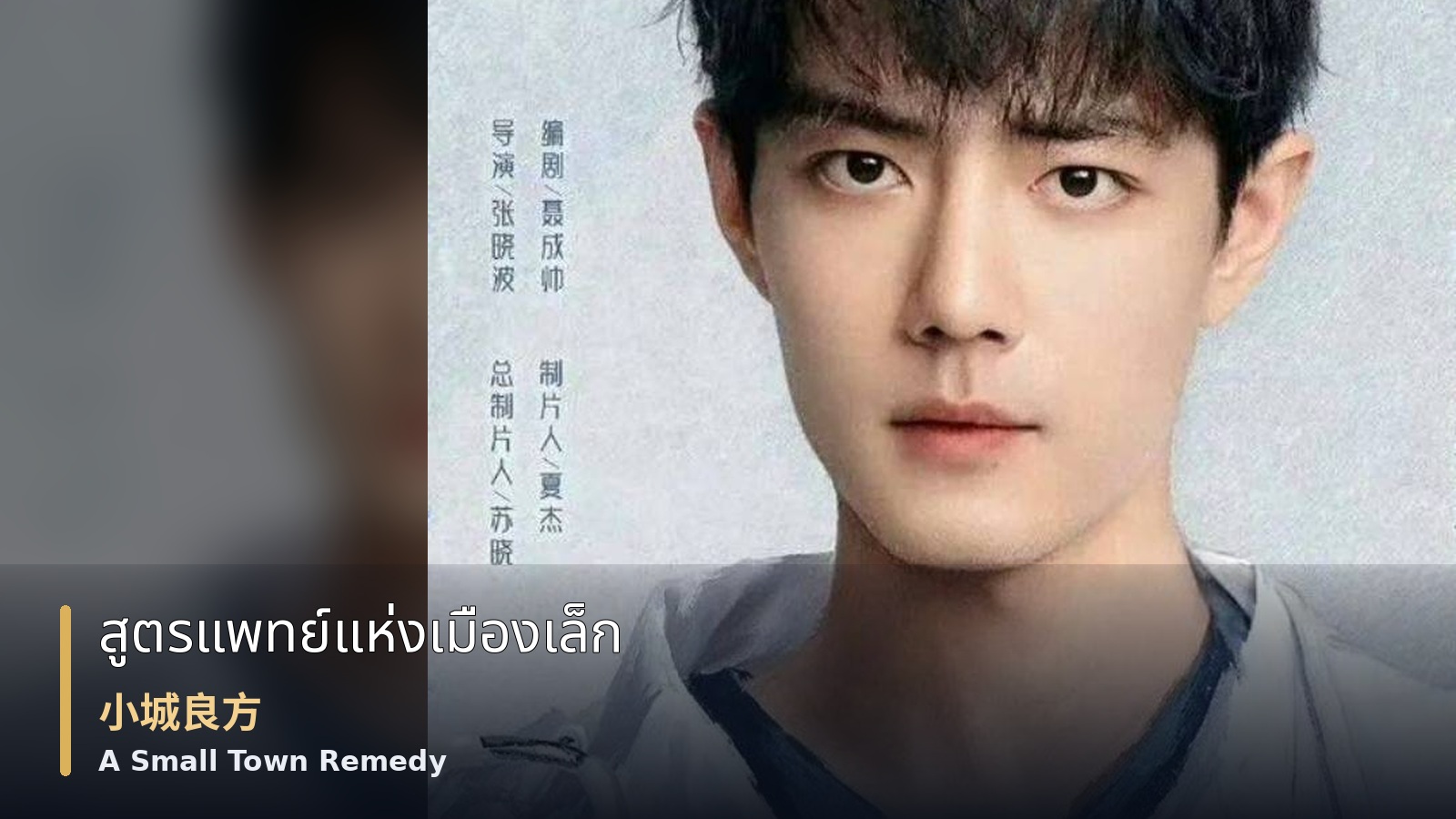 A Small Town Remedy — ภาพปกซีรีส์ A Small Town Remedy แสดงเซียวจ้านในชุดเสื้อกาวน์แพทย์ พร้อมชื่อเรื่อง “สูตรแพทย์แห่งเมืองเล็ก”, “小城良方” และ “A Small Town Remedy” บนพื้นหลังคลินิก