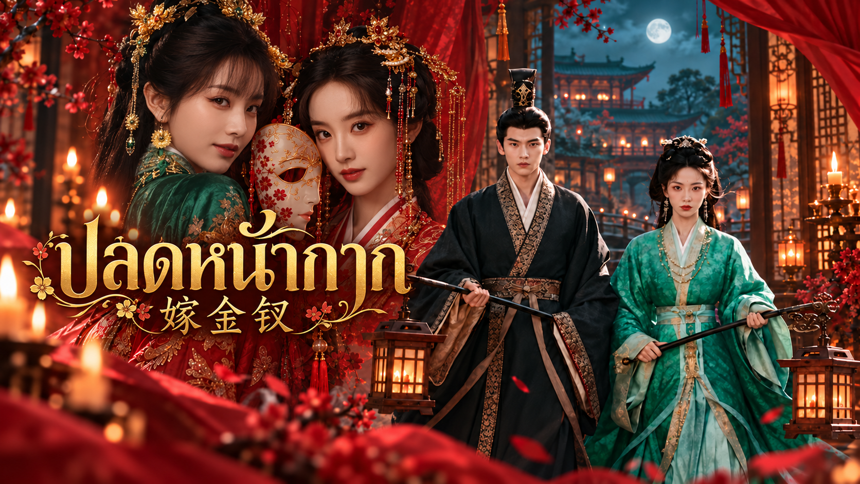 โปสเตอร์ซีรีส์จีนเรื่องปลดหน้ากาก (嫁金钗) แสดงหญิงสองคนในชุดโบราณสีแดงและเขียว สื่อถึงการสวมรอยตัวตน พร้อมนักแสดงชายและหญิงในฉากเรือนจีนยามค่ำคืน